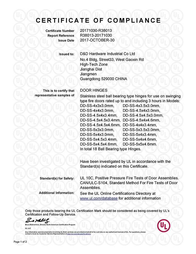 UL Certificat SUS304 Charnière de porte de feu pour la porte en métal-DDSS003-FR